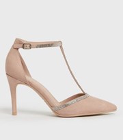 New Look Pale Pink Suedette Diamante Stiletto Heel Court Shoes
